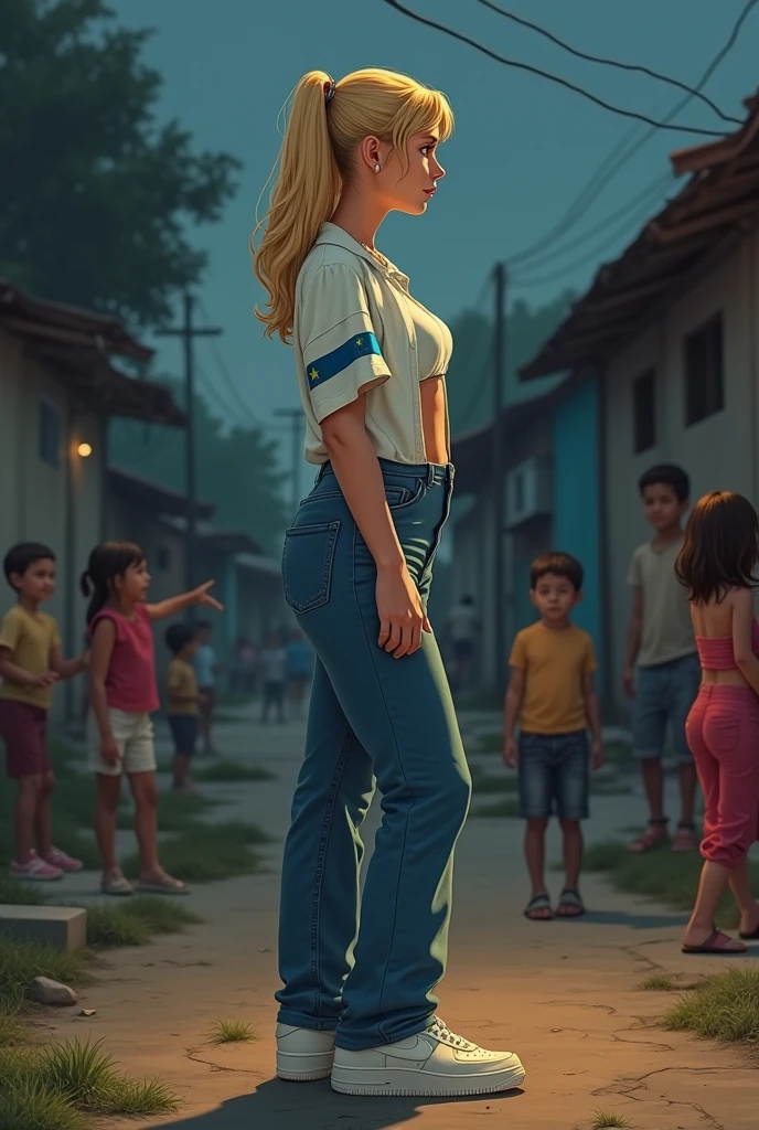 blonde girl, medium tits, big and nice ass. Long denim pants, white shirt down to the navel, with the flag of Nicaragua on one sleeve of his shirt, tennis Nike AF1. standing, Profile, in a poor neighborhood in Nicaragua, with children playing in the background, poor quality photo (sin blur), at night