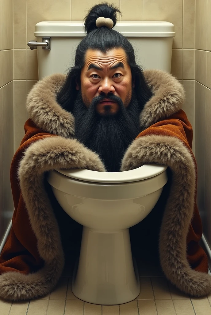 Genghis Khan's head coming out of a toilet and furry clothes around it