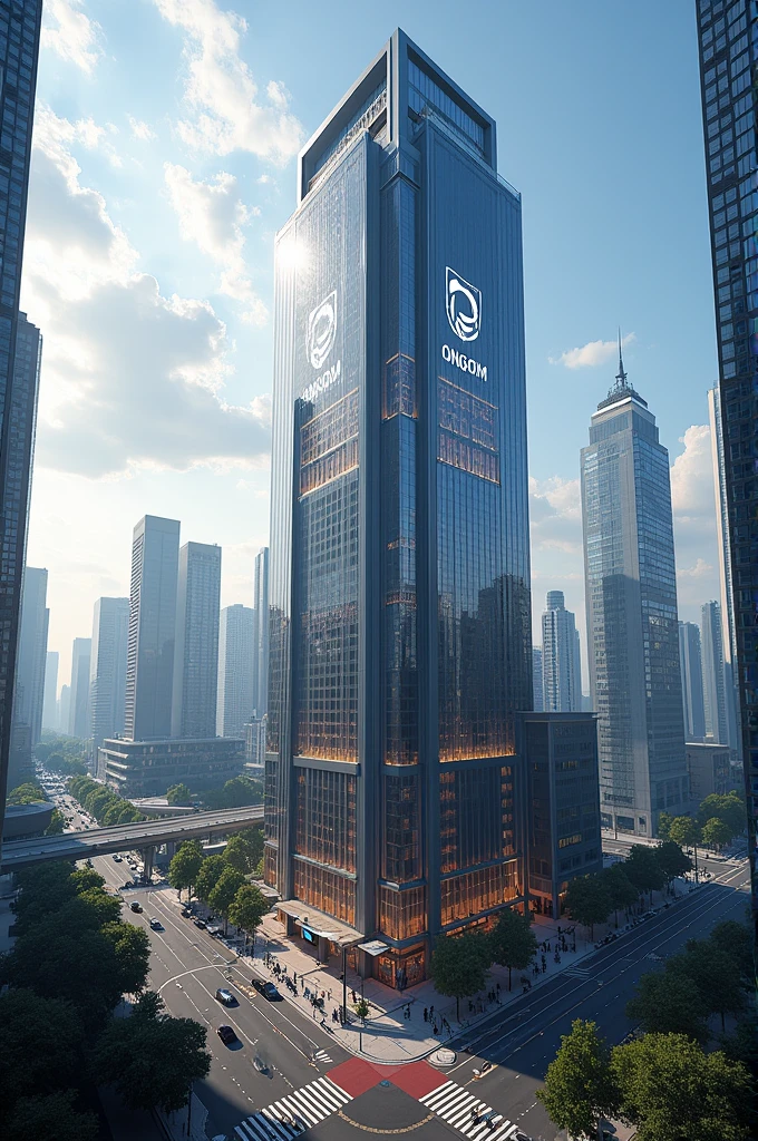 Generate a big building in a city with the logo ONGOM