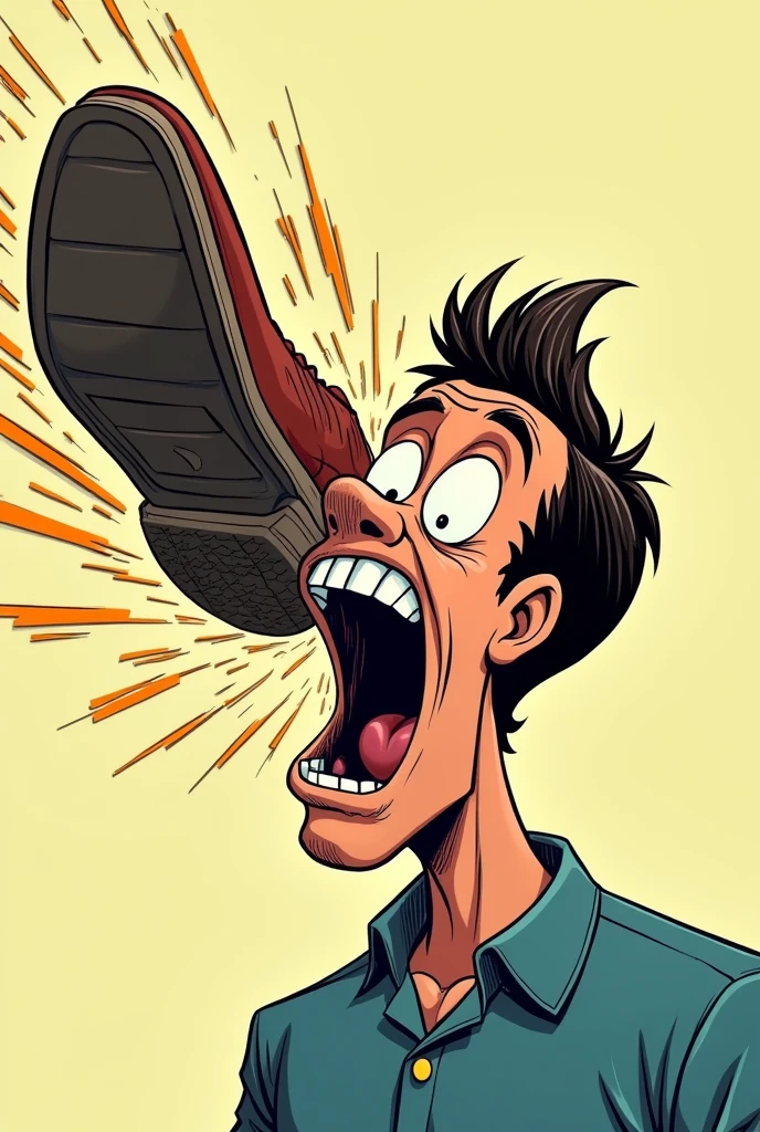 Slapping shoe on a mans face, comic style, only face in the frame