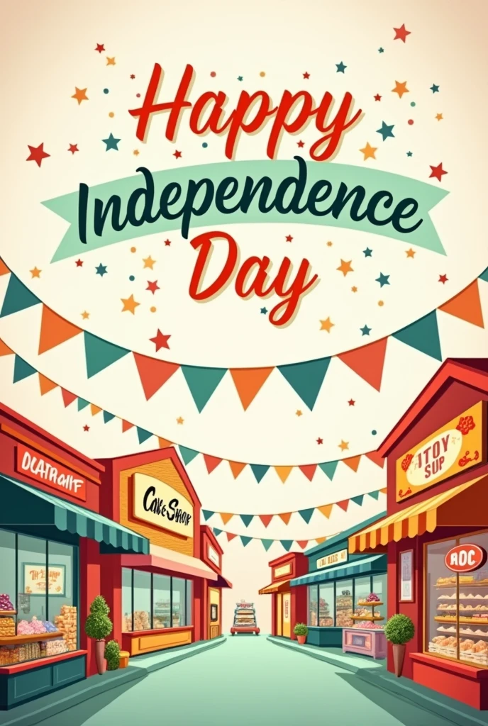 Independent’s day poster for supermarket includes cakeshop and bakery also gift and toys with simple design and light backgrounds  also include indian flag colours