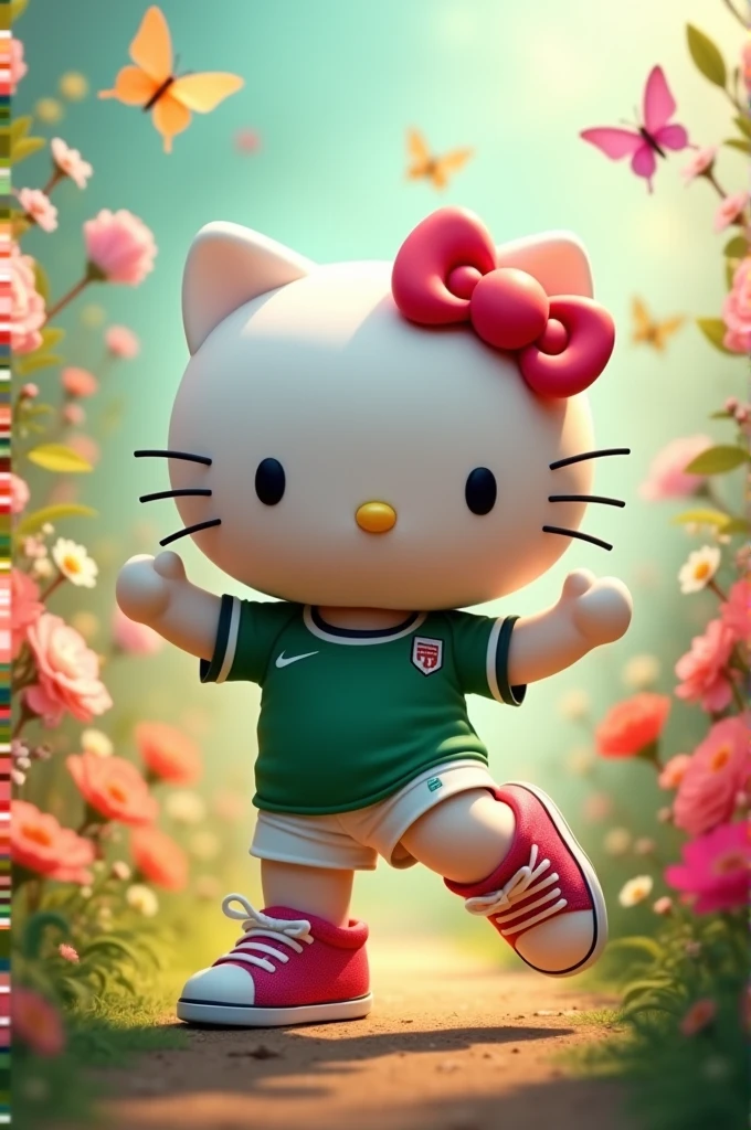 Hello Kitty dancing with a green player shirt and pink sneakers surrounded by flowers and butterflies of all colors