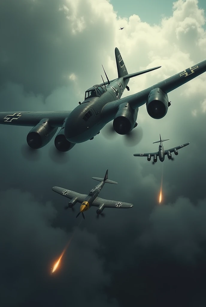 Several German bombers flying in formation, with Nazi crosses visible on the wings. The sky around them is threatening, full of dark clouds, as they approach a distant city, with the Spitfire in the distance approaching rapidly.
