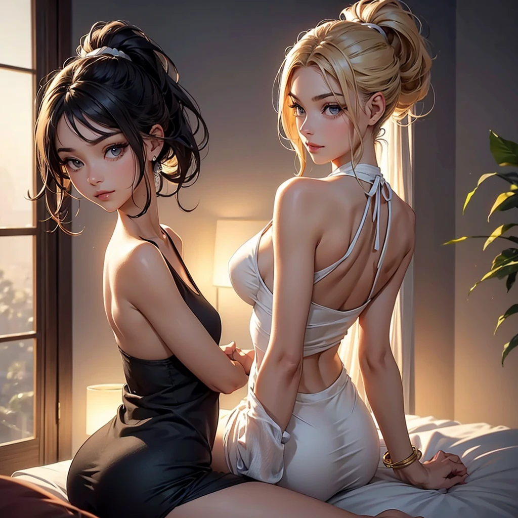 （space_buns_hairstyle：1.3），Woman poses for a photo，Bare legs，FULL-body shooting，Wear a shoulder-length dress，Holding a pillow
expert，8k，high resolusion，a masterpiece，Bestquality，head：: 1 girl，（（Hasselblad Photography）），Delicate skin，crisp focus，（cinematic Lighting），at nighttime，Soft lighting，dynamic angle，[:(pubic detail：: 1 girl）：0.2 Maidens]，（（（Sitting on the bed））），