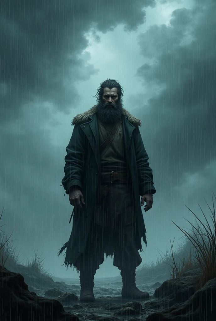 house,beard,man,stand with back,Amidst the storm,alone,rain,dream