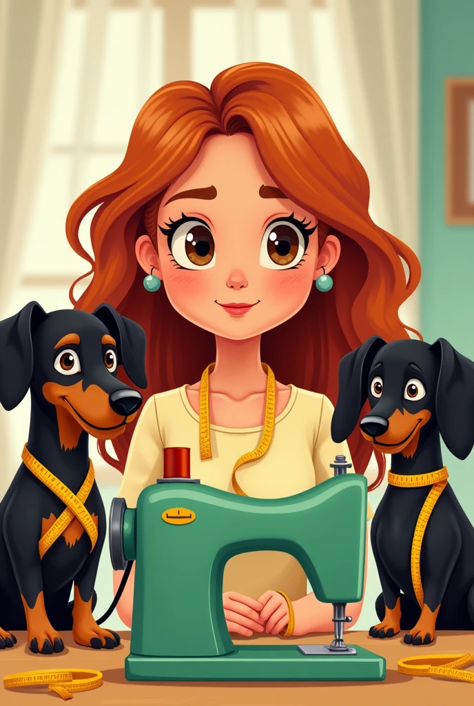 A cartoon style image of a woman with long wavy medium red hair and brown skin, round face with brown eyes, sitting sewing next to green sewing machine . Next to the sewing machine is a black and caramel dachshund. Next to the woman is a black mixed breed dog.. There is a tape measure hanging around the necks of the woman and the dogs