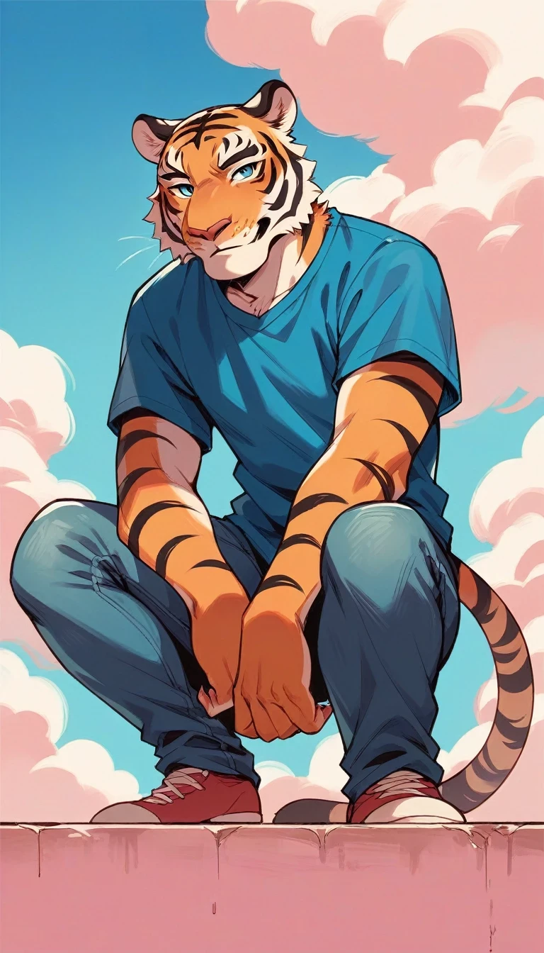 Anthropomorphic cartoon tiger in the style of the 1940s, smelling her legs, sitting with legs open, squatting posture, blue background pink clouds, in front of the viewer, Body facing forward, jeans and sky blue shirts