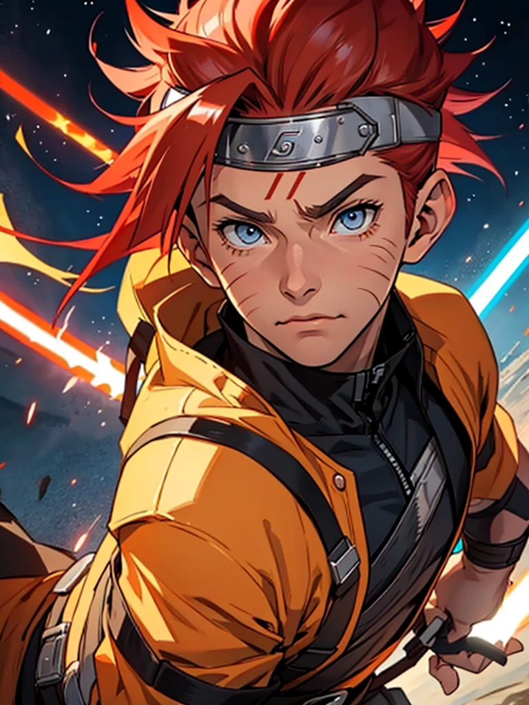 Young Naruto () red hair with blue eyes, three whisker marks on his cheeks and tanned skin, este Naruto tiene que tener vestimenta jedi the star wars (Don't include ninja bandana in your outfit) and a lightsaber (the star wars) orange in his hands.