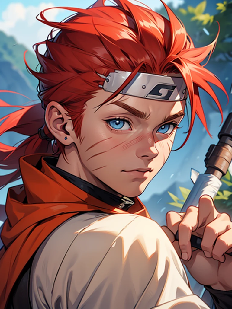 Young Naruto (17 years) red hair with blue eyes, three whisker marks on his cheeks and tanned skin, este Naruto tiene que tener vestimenta jedi the star wars (Don't include ninja bandana in your outfit) and a lightsaber (the star wars) orange in his hands.