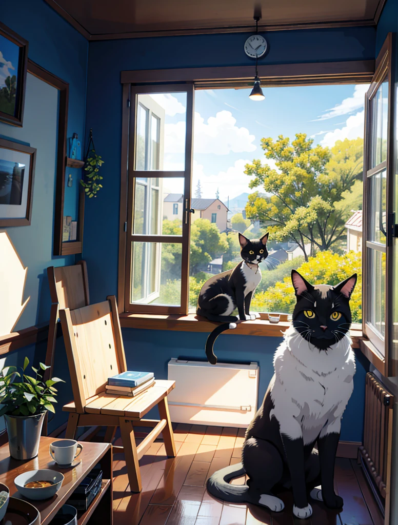Painting of a cat looking out the window, We only see the cat&#39;s back. 4k, Ultra detailed, The cat is sitting on a table and the window has water drops on it.. Plants can be seen in the garden. There are books on the table.