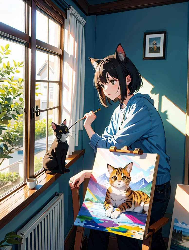 Painting of a cat looking out the window, We only see the cat's back. 4k, Ultra detailed, The cat is sitting on a table and the window has water drops on it.. Plants can be seen in the garden. There are books on the table.