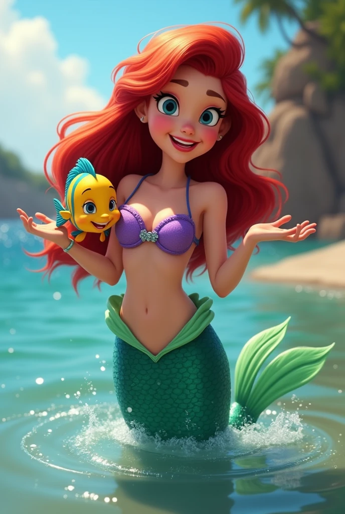 Draw a mermaid in a purple bikini with a green tail and red hair (or reds)  playing with your little fish (he is yellow with blue stripes) they have their bodies in the water and their heads out of the sea, in animation