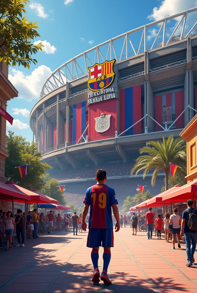 Create an image of the Barcelona stadium from the outside showing a fan walking