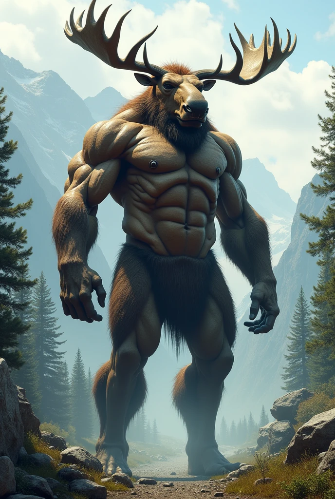 (photorealism:1.2), Moose man, 270 cm tall, lean and muscle, human face and handsome 