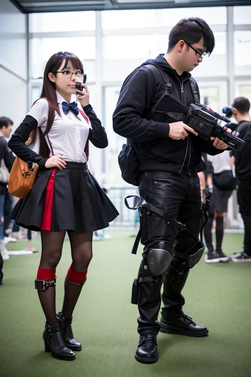 Two female cosplayers,Two geeky guys with cameras surrounding them,Shooting from a low angle,You can almost see the inside of the skirt