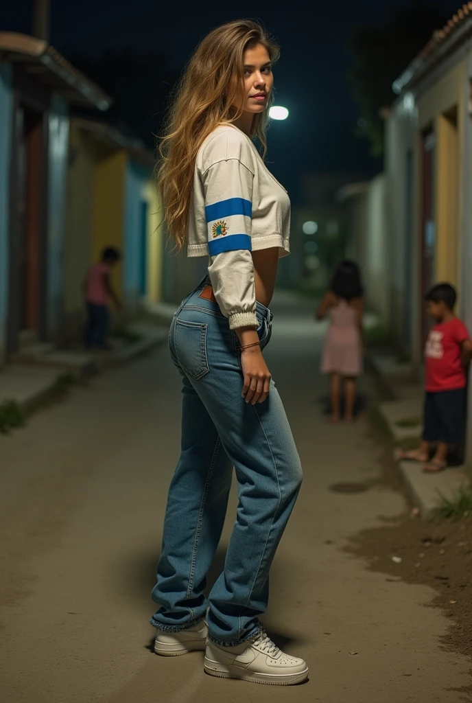 blonde girl, medium tits, big and nice ass. Long denim pants, white shirt down to the navel, with the flag of Nicaragua on one sleeve of his shirt, tennis Nike AF1. standing, Profile, in a poor neighborhood in Nicaragua, with children playing in the background, realistic photo with poor quality (sin blur), at night