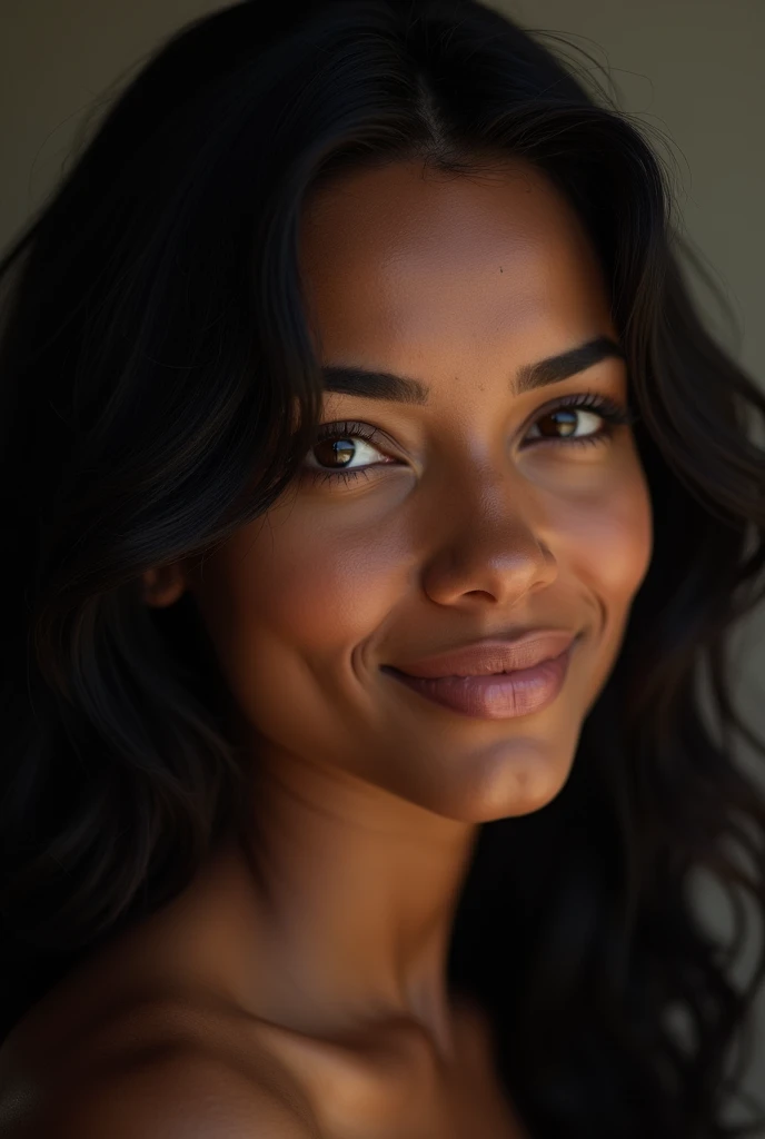 (photorealism:1.2)
She has black beautiful hair, her african american skin is flawless. Her eyes are a metallic shade. she's smiling in the image. the lighting is soft and the theme is calm vibe.
