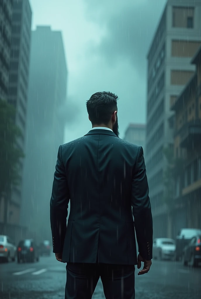 Front of house,beard,man,stand with back,Amidst the storm,alone,rain,