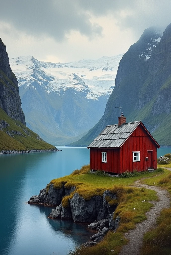 Oil painting Norway with red house fjord cloudy
