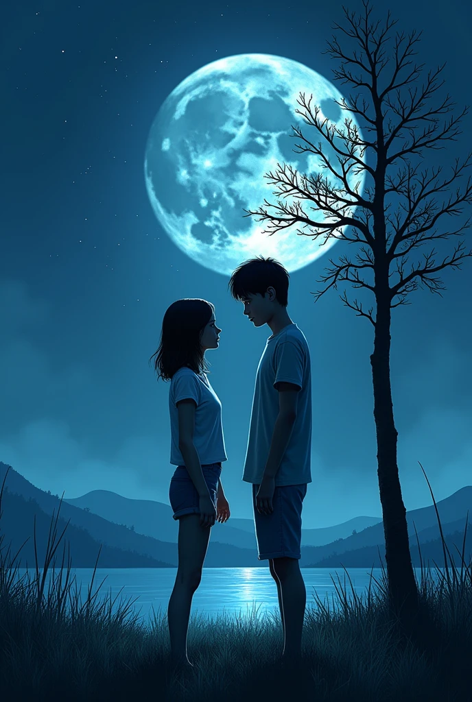 1 girl, 1 boy, face to face, Men are tall, women are short, women straight hair, Women's hair is not too long, men and women standing close together, casual clothes , poised posture, natural skin, standing on the grass
BREAK
Blue sky night, (rim lighting):1.2, cold tones, Moonlight and lots of stars, soft shadows, dark colors , Sharp effect, horror atmosphere, dark blue effect
BREAK
open nature, tall dry tree, quiet nature, reflection, Moonlit nature, peaceful ambiance, ultra detailed, official art, unity 8k wallpaper
, zentangle, mandala