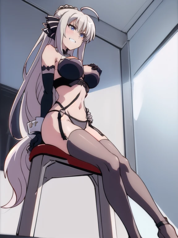 prison, concrete wall, concrete floor, ((bare shoulders)), ((black bustier)), ((black stockings)), ((black g-string)), ((black high heels)), ((black garter belt)), ((black elbow gloves)), ((chair)), ((female sitting in a chair)), ((evil grin)), (((((from below:1.3))))), looking at viewer, ass pov, ((((looking down:1.4)))), ((stare at viewer with stern eyes)),
One girl, Long Hair, Purple eyes, chest, Ahoge, very Long Hair, large breasts, ribbon, hair ribbon, ponytail, bangs,