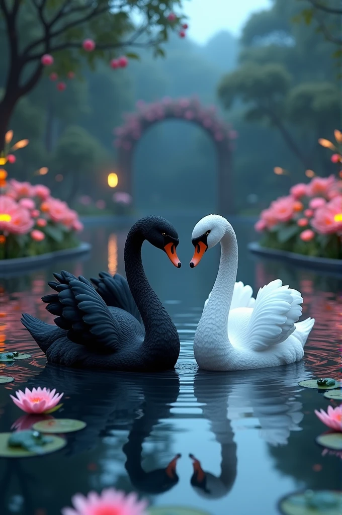 A beautiful image Two swans, one black and one white, swimming in a garden with phosphorescent roses during a beautiful night. The lake they are in has beautiful lilies and some frogs. The art has to be in 3D.