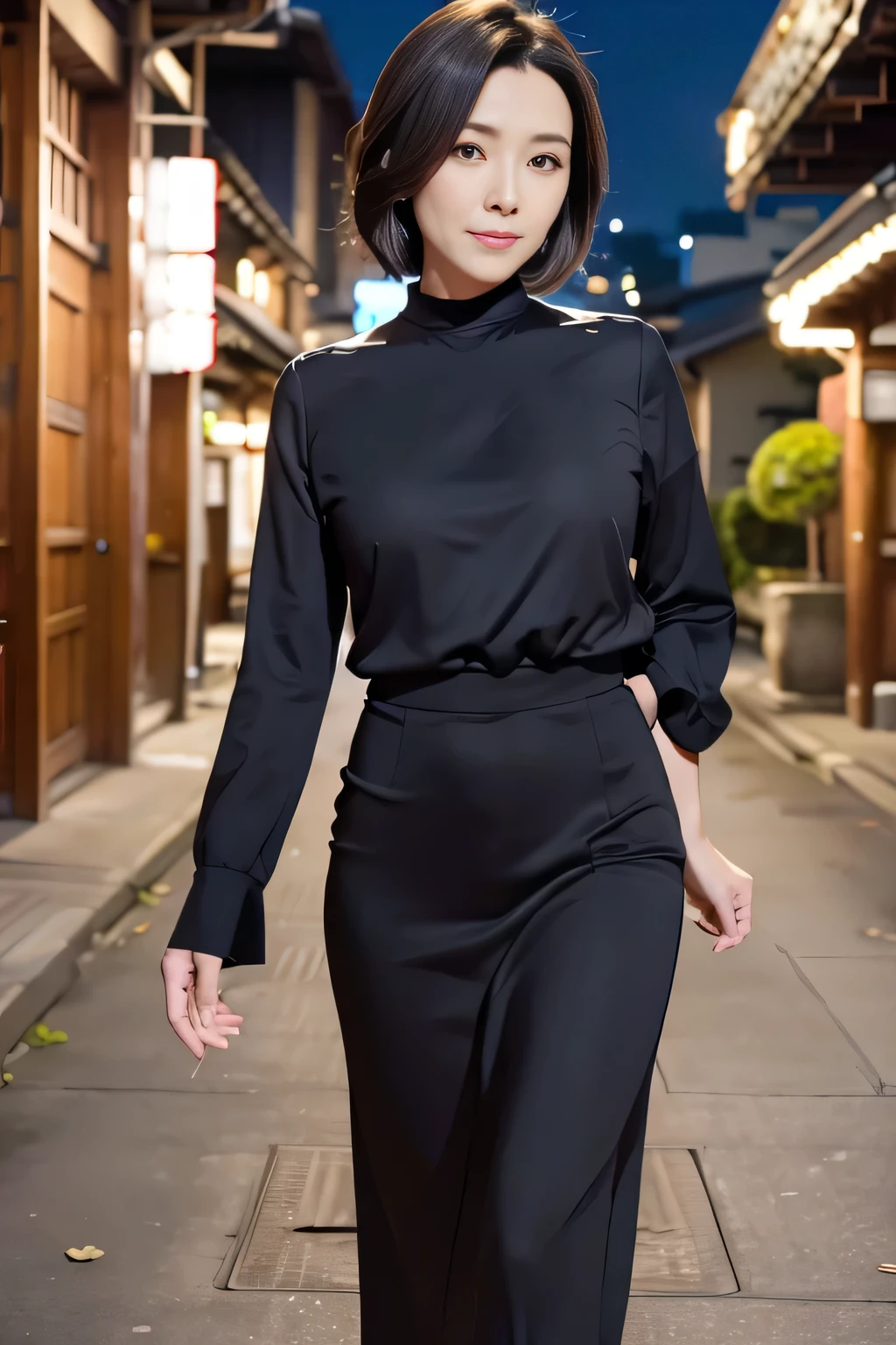 One Japan Woman、Portrait of my 40 year old wife、Walking towards here、In formal attire, both top and bottom are black、Downtown at night、Cowboy Shot、uhd, textured skin, high details, best quality, masterpiece, anatomically correct