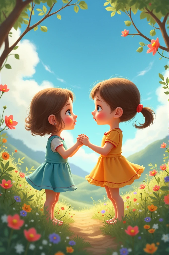 Create a beautiful two children they are talking eachother