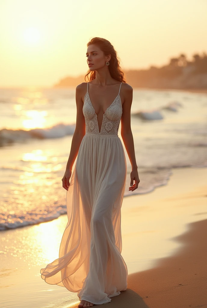 Realistic 4k image of girl walking on seashore in morning time in deep neck dress 