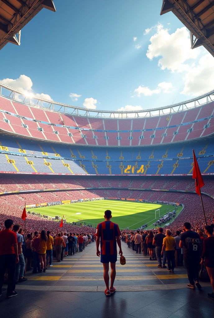 Create an image of the entire Barcelona stadium from the outside showing a fan walking around

