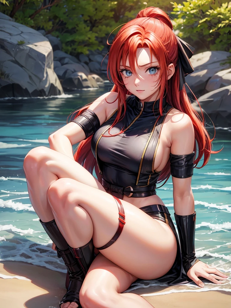Young Naruto (17 years) bright red hair like her mother kushina, with blue eyes, three whisker marks on his cheeks and tanned skin, este Naruto tiene que tener vestimenta jedi the star wars (Don't include ninja bandana in your outfit) and a lightsaber (the star wars) orange in his hands.