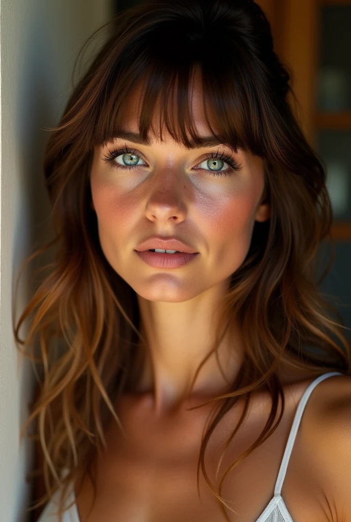 Russian wife with angelic face, light brown hair, bangs, blue eyes and sunburned cheeks , From Brazilian mobster Anthony Carvalho, a strong brown man