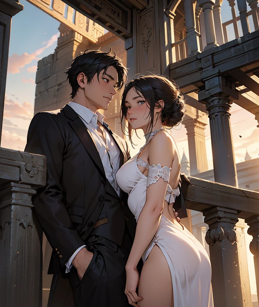 A romantically disheveled young couple perched on a platform, the woman adorned in revealing attire that accentuates her bare, curvaceous hips. The man gazes longingly towards a majestic palace looming in the distance as the sun sets, creating a warm evening glow. They pass each other by, lost in the beauty of the moment. This scene is vividly depicted in a breathtakingly detailed painting that captures the couple's intimate connection and the allure of the regal structure ahead. Vibrant colors and intricate details bring this image to life, evoking a sense of romance and wistful yearning.