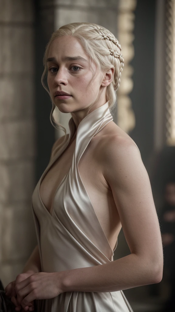 masterpiece, stunning portrait photo of khls woman, sleeveless, erotic costumes, sensual satin dress, game of thrones inspired costumes, compelling, cinematic,