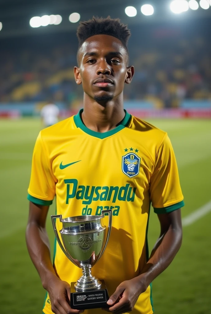 
A 20 year old Brazilian man, dark-skinned, short and dark hair, in a football match, with the Paysandu do Pará uniform and with the top scorer trophy