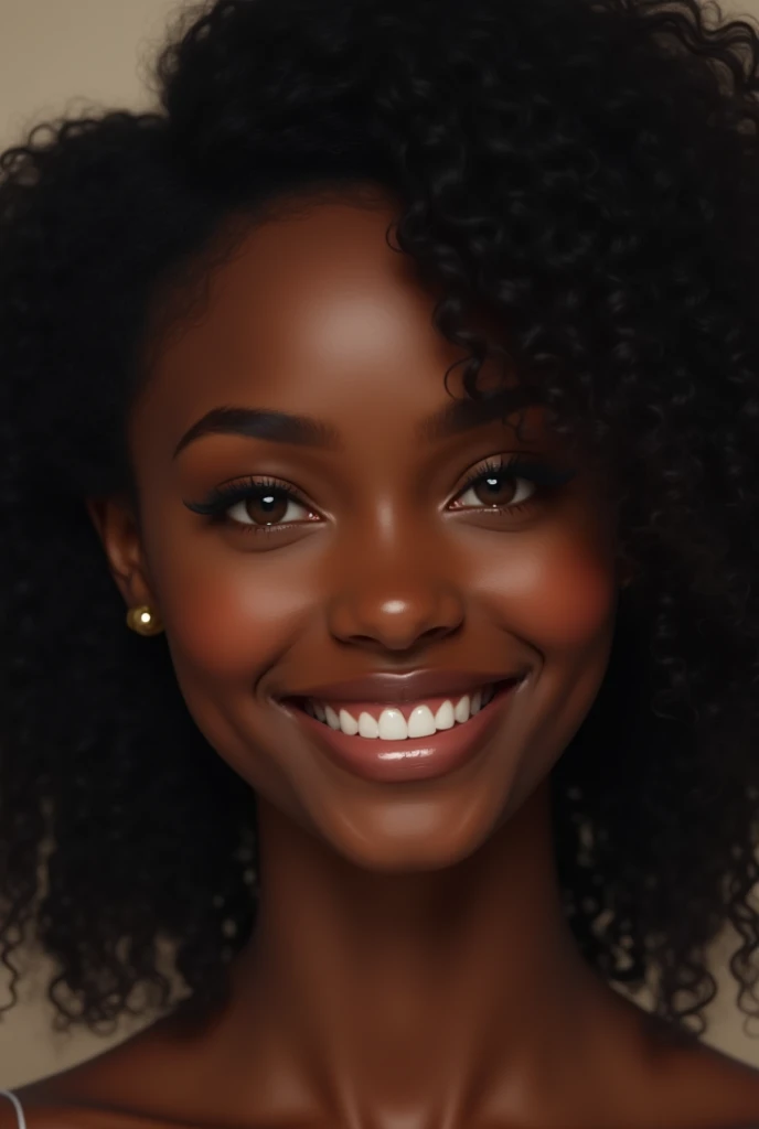 (photorealism:1.2)

She has black beautiful hair, her african american skin is flawless. Her eyes are a metallic hazel shade. she's smiling in the image. the lighting is soft and the theme is calm vibe. 