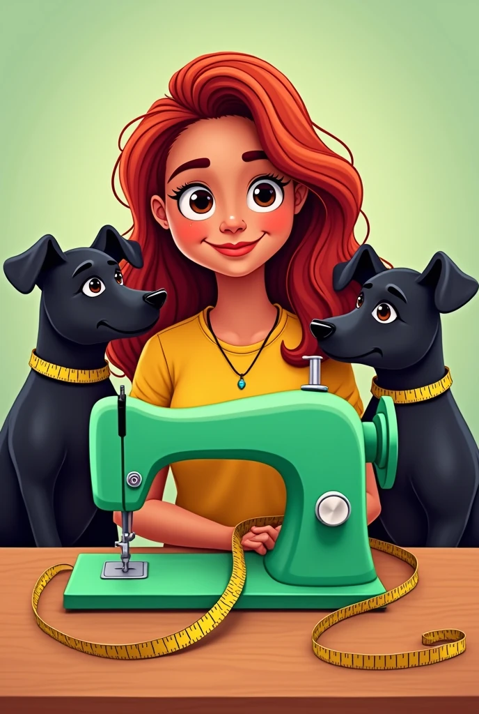 A cartoon style image of a Brazilian woman with long wavy medium red hair and brown skin, round face with brown eyes, sitting sewing next to green sewing machine . Next to the sewing machine there are two black dogs. There is a tape measure hanging around the necks of the woman and the dogs