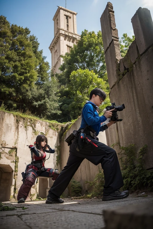 Two female cosplayers,Two nerdy guys with cameras,Shooting from a low angle,Laputa-style ruins