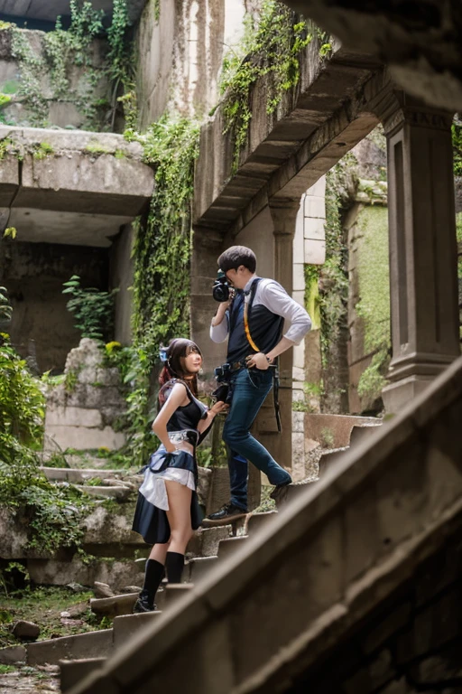 Two female cosplayers,Two nerdy guys with cameras,Shooting from a low angle,Laputa-style ruins