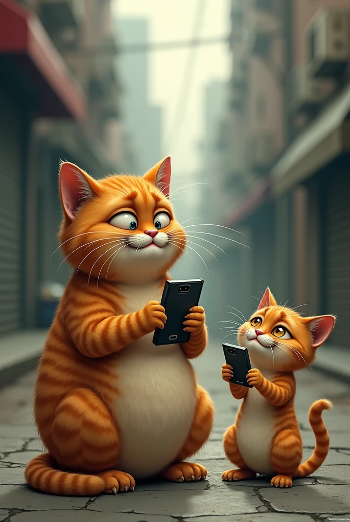 Fat orange cat crying on the street with his cell phone but he is not angry , and next to him a cat with a cell phone also angry rejoicing watching him