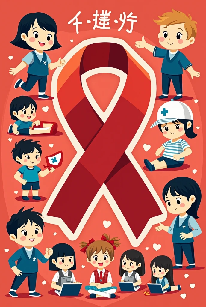 A poster on red ribbon club activities,with a red ribbon logo at the center, include blood donation activities, include disaster management, cartoon, English

