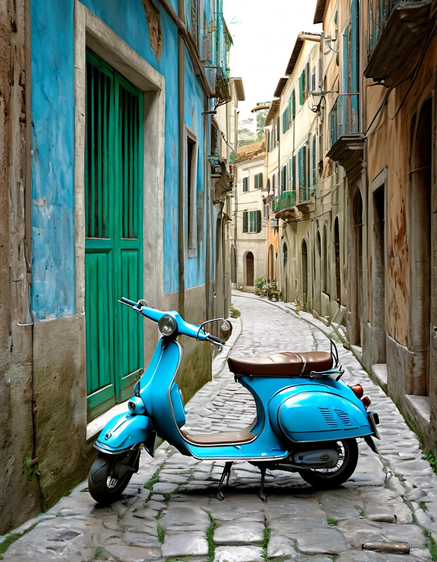 A light blue scooter is parked on a narrow street, set against old buildings that showcases european architecture, side view image, old walls with worn paint, leaks, earthy colors pattern, hyperrealistic drawing inspiration from Carl Spitzweg and Karl Spitzweg.The composition is further influenced by the styles of Gianfredo Camesi,Alfredo Volpi,Alessandro Galli Bibiena,and Guido Borelli da Caluso,hyper-maximalism,ultra detailed,reminiscent of a photo-realistic Unreal Engine,final render.HDR