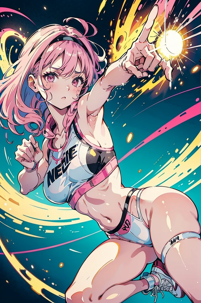 Ultra-detailed illustration, top-down photography, 1980s Japanese comic style. Watanabe Mayu, with striking pink hair partially concealed under a reflective pink hoodie, has pale skin, a slender physique, and small breasts. In a boxing ring, she is immersed in training, her body glistening with sweat. She wears a lace white bra, a white sheer mesh Brazilian-style bottom, and Nike Uptempo sneakers. The scene captures vibrant, retro colors and dynamic lines, emphasizing the intensity of her training while blending sporty and sensual elements.