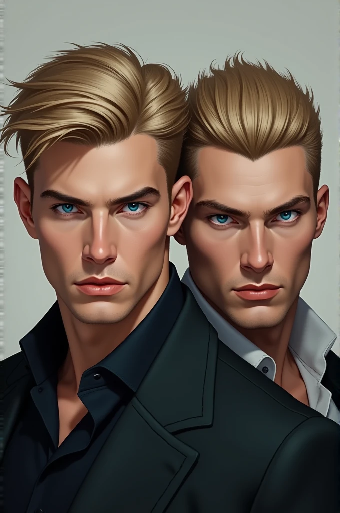 blonde men with blue eyes, white skin, upturned nose and cold look