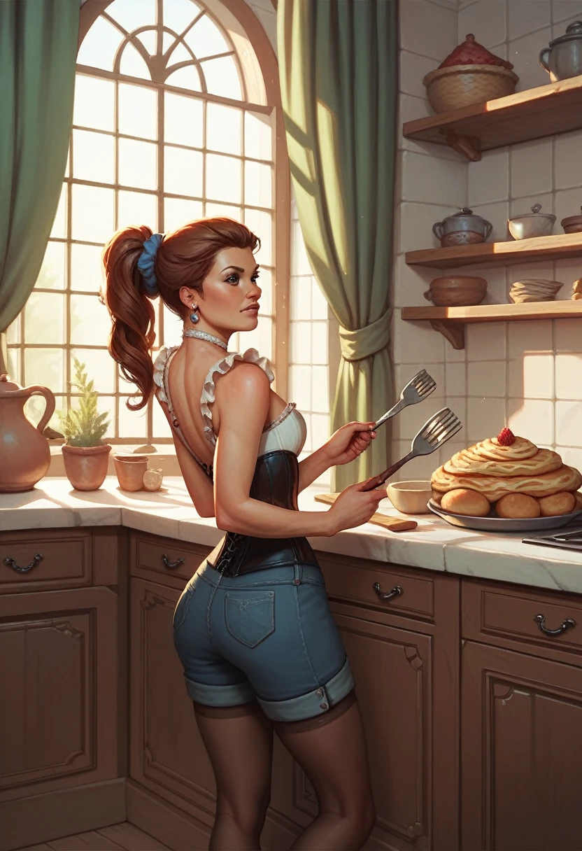 very detailed, Beautiful spanish woman, Erotic seductress Carmen Electra, Sexy and tight lace lingerie, cooking in a kitchen, art style by J. Scott Campbell, shiny skin, Thin waist, slender body, busty, very big breasts, perky tits, perfect booty, perfect and detailed eyes, full lips, garter belt, sheer thigh high stockings, shy and blushing face, sexual desire, high quality, ultra HD, SFW