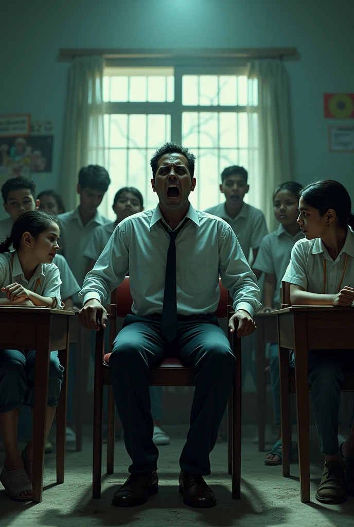 Teachers and students are scared of any type of sound and scared of it and shouting make it in Indian theme in the school make them kids make the teacher male in and he also scared and shouting in his private chair 
