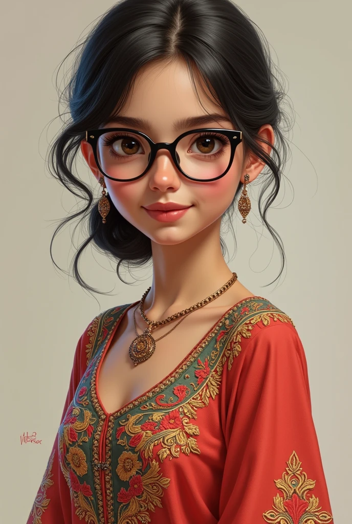 a realistic image of a Pakistani girl wearing a Pakistani dress and glasses in her teenage 18-19 years wolf cut hair full body image