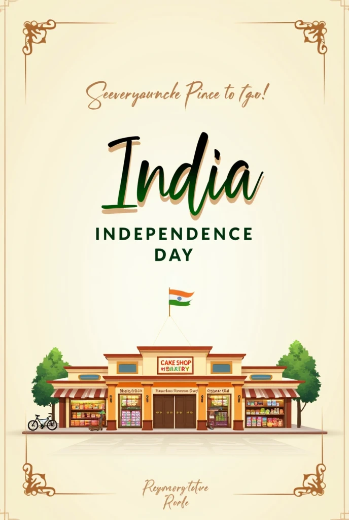 Independent’s day poster for supermarket includes cakeshop and bakery also gift and toys with simple design and light backgrounds also include indian flag colours with formal design