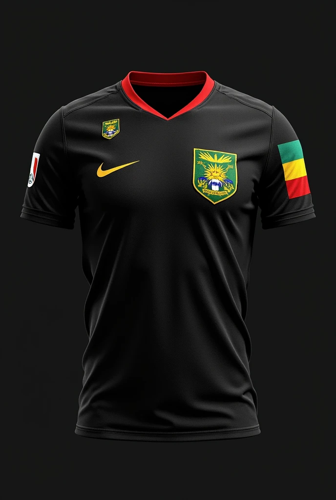 Create an all-black team shirt with the Maranhão state flag on the chest of the shirt at the top, the wise-of-the-beach bird on the bottom side of the blouse, and reggae flag details on the sleeve of the blouse