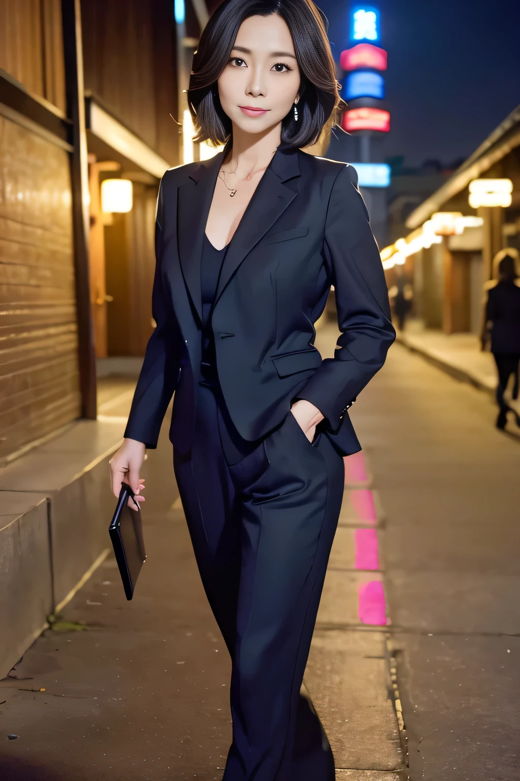 One Japan Woman、Portrait of my 40 year old wife、Walking towards here、In formal attire, both top and bottom are black、Downtown at night、Cowboy Shot、uhd, textured skin, high details, best quality, masterpiece, anatomically correct